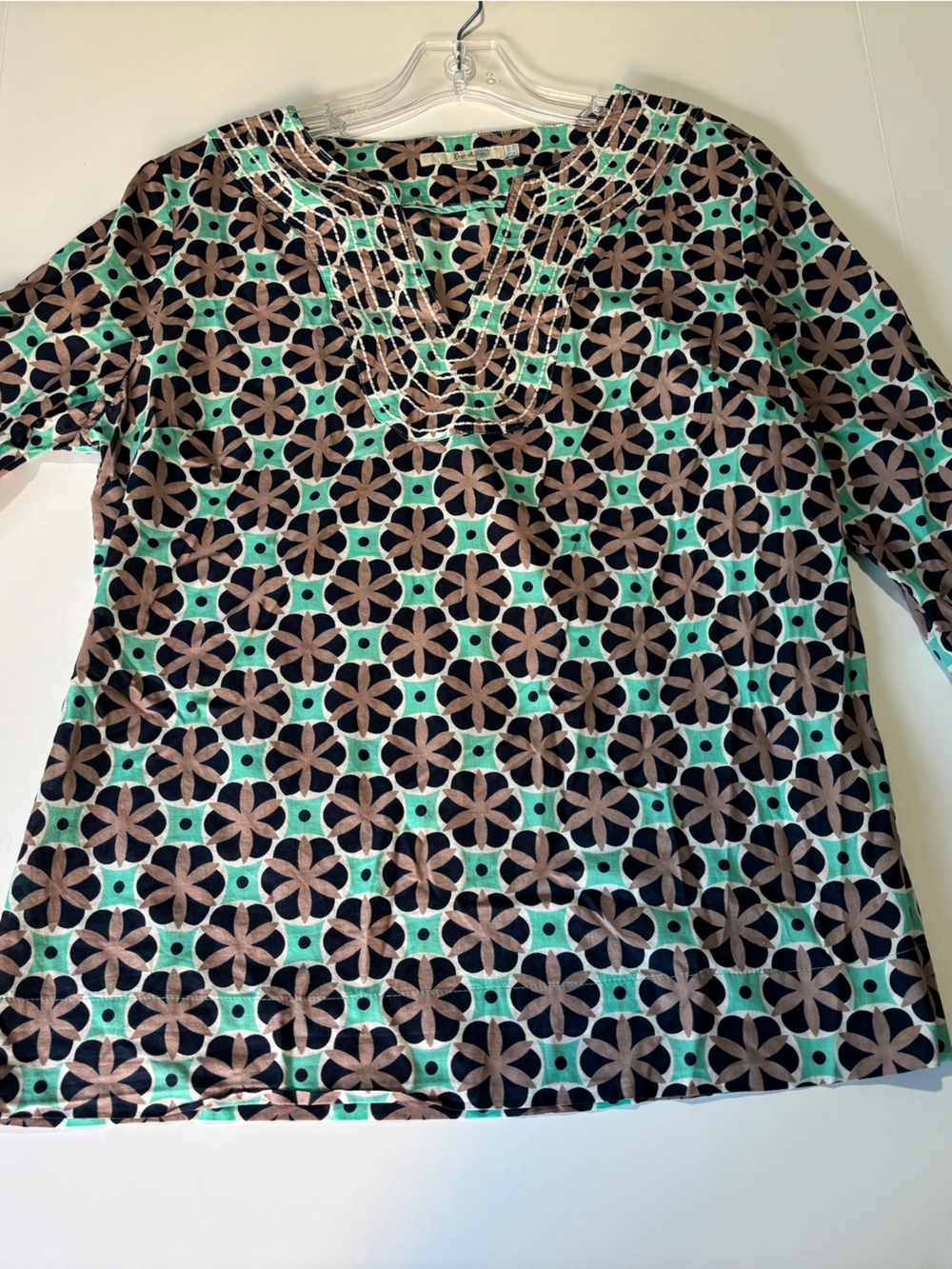 Boden Mint Navy Geometric Floral Cotton Tunic Top Embroidered Placket - Size 10